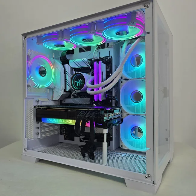 White custom PC with glass panels, liquid cooling and colourful illuminated fans