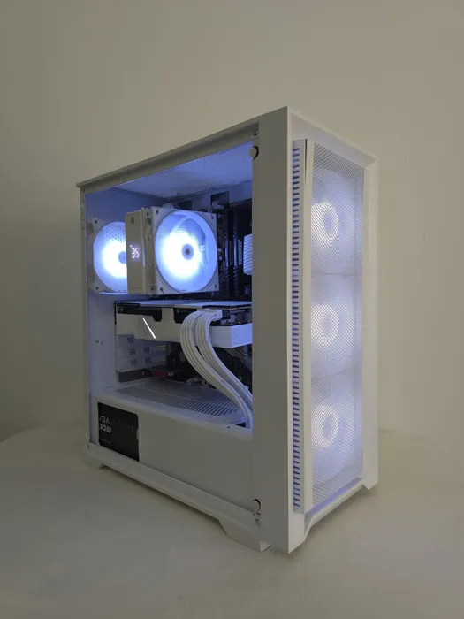 White desktop with blue-lit fans and white cooling tubes