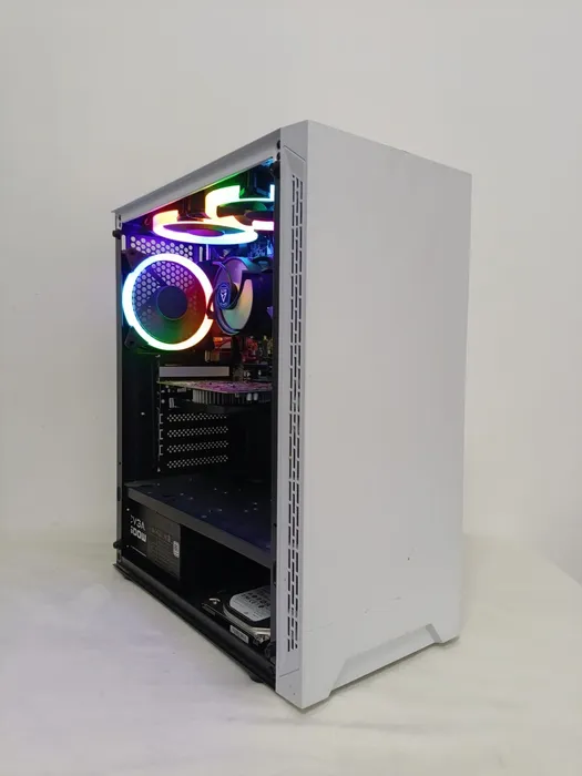 White-fronted tower PC with colourful internal fans