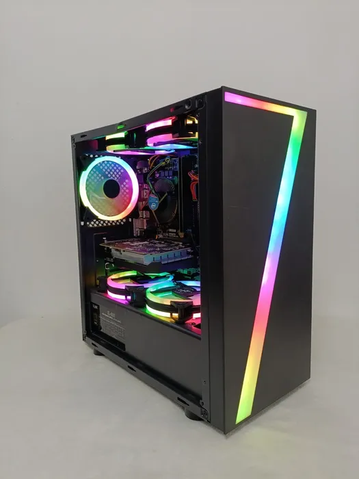 Black desktop with an illuminated multicolour strip on the front panel