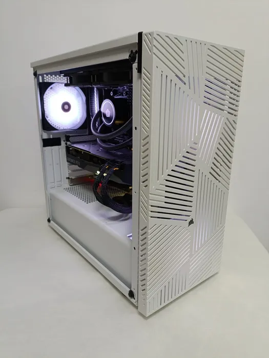 White ventilated PC case with side panel removed and internal fans visible