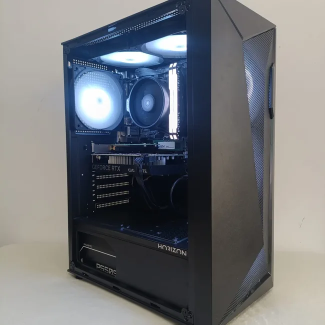 Open black PC case showing the processor cooler, memory and graphics card